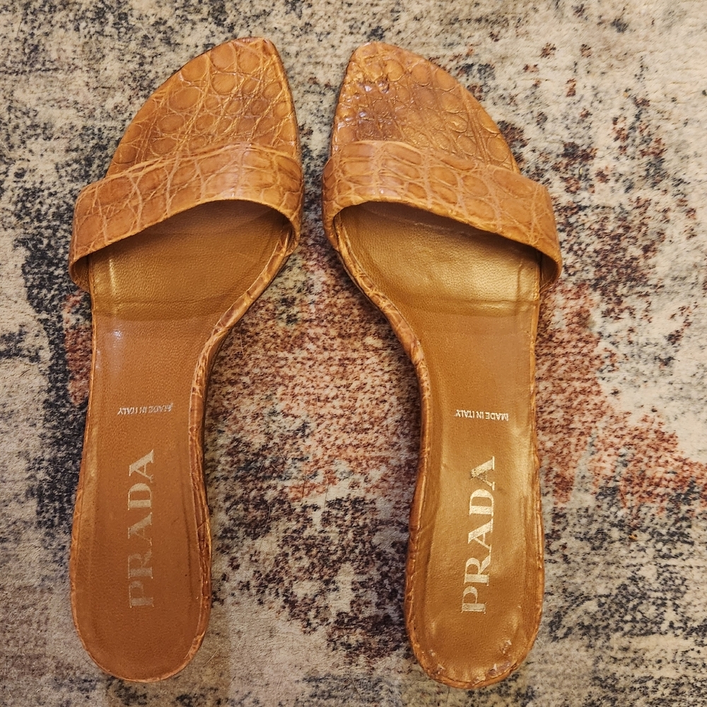 Prada, Women's, Caramel Brown, Crocodile, Kitten Heel, Slides, Size 40